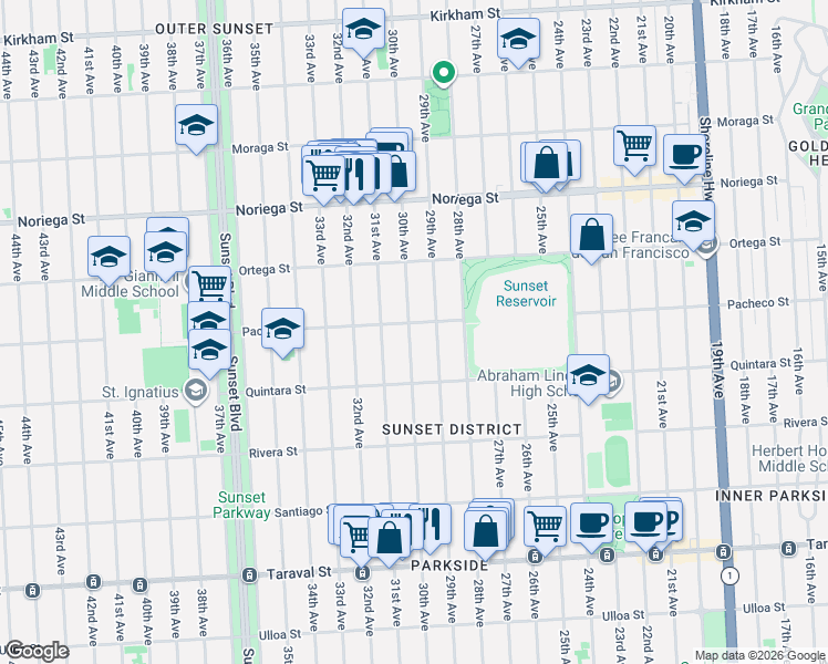 map of restaurants, bars, coffee shops, grocery stores, and more near 2054 31st Avenue in San Francisco