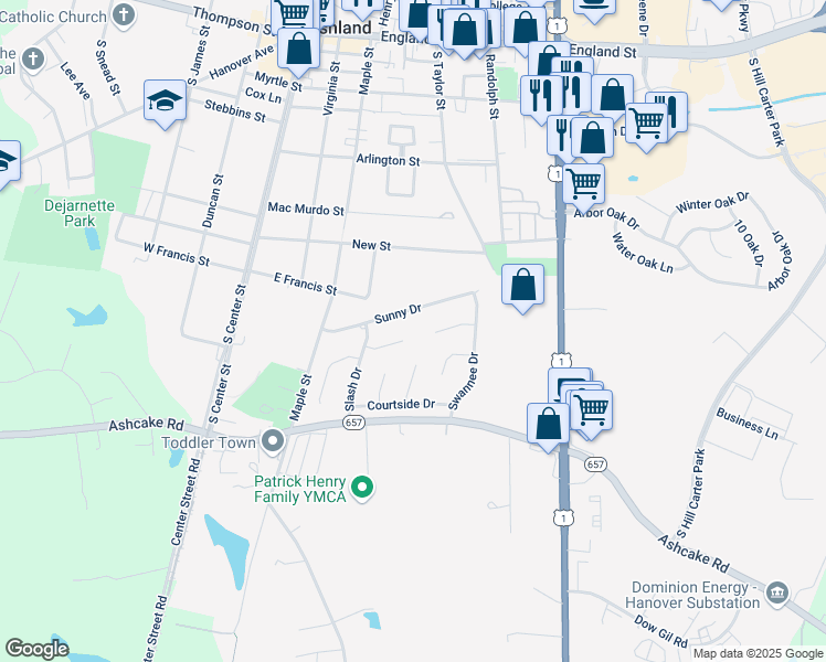 map of restaurants, bars, coffee shops, grocery stores, and more near 14 Slash Court in Ashland
