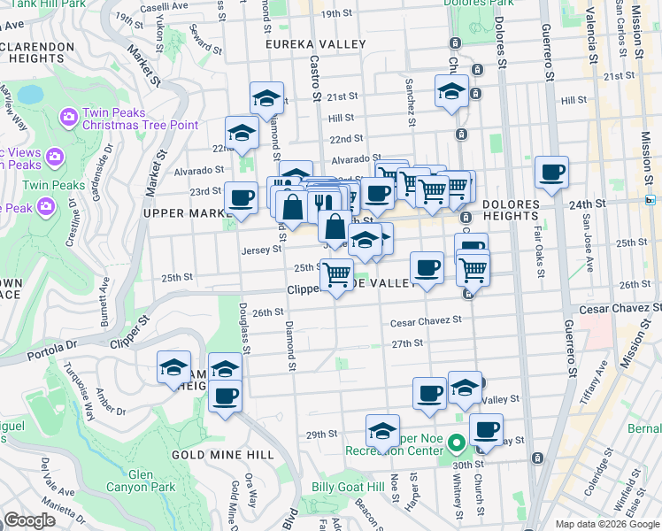 map of restaurants, bars, coffee shops, grocery stores, and more near 25th St & Castro St in San Francisco