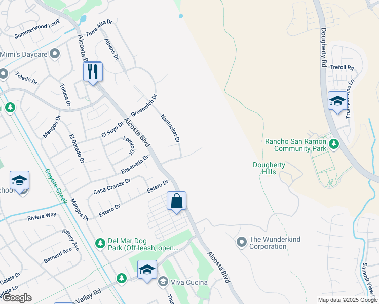 map of restaurants, bars, coffee shops, grocery stores, and more near 4055 Marblehead Drive in San Ramon