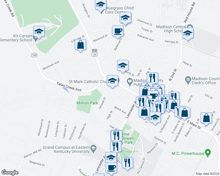 map of restaurants, bars, coffee shops, grocery stores, and more near Parrish Avenue in Richmond