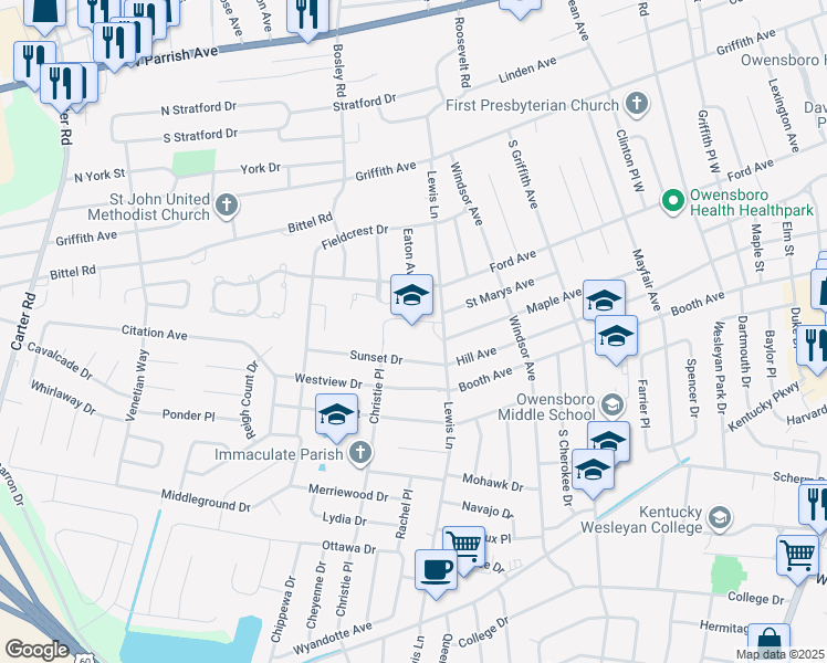map of restaurants, bars, coffee shops, grocery stores, and more near 2060 Lewis Lane in Owensboro