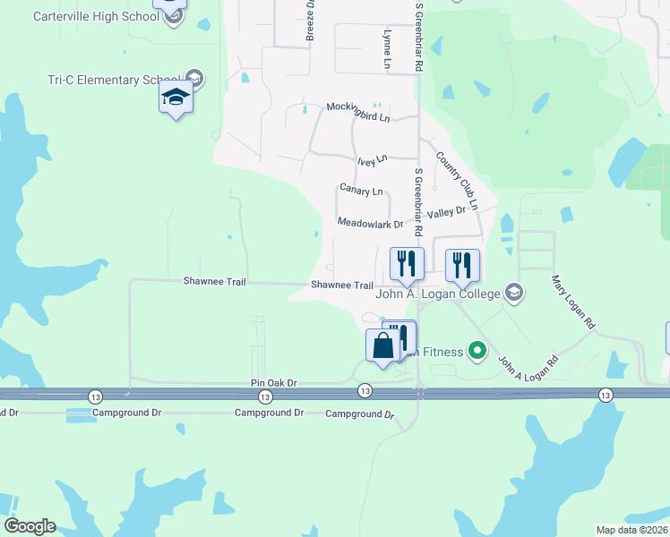 map of restaurants, bars, coffee shops, grocery stores, and more near 710 Rusty Lane in Carterville