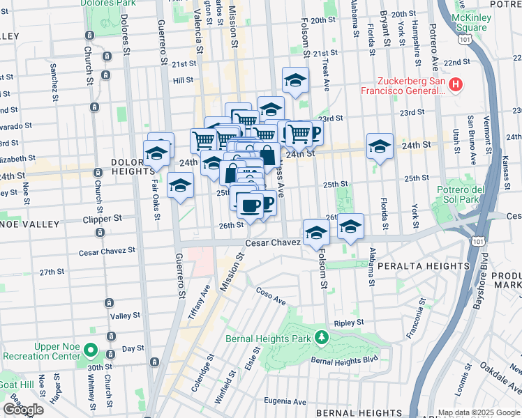 map of restaurants, bars, coffee shops, grocery stores, and more near 1060 Capp Street in San Francisco