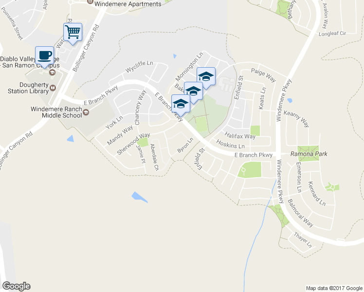 map of restaurants, bars, coffee shops, grocery stores, and more near 6320 Byron Lane in San Ramon