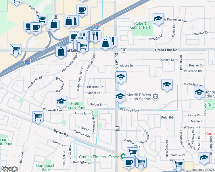 map of restaurants, bars, coffee shops, grocery stores, and more near 2120 Foothill Ranch Drive in Tracy