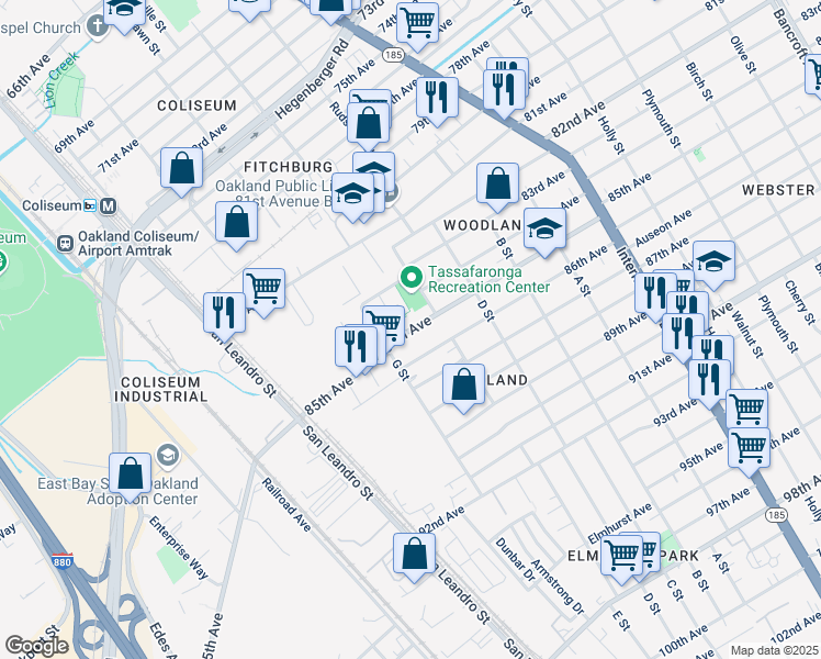 map of restaurants, bars, coffee shops, grocery stores, and more near 5 E Street in Oakland