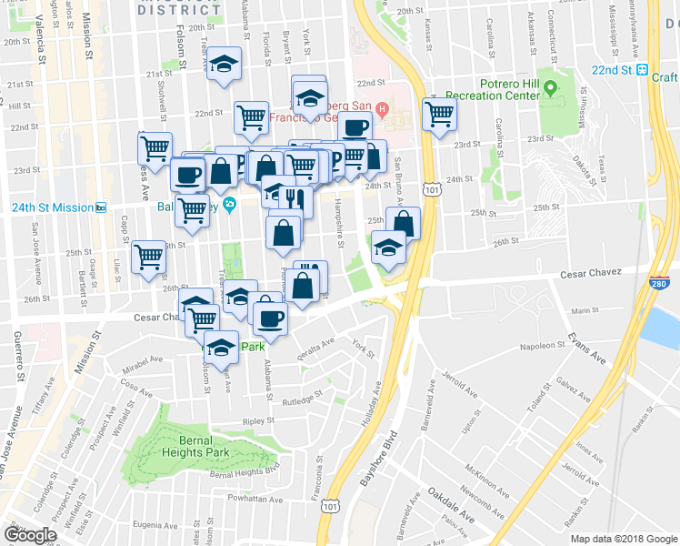 map of restaurants, bars, coffee shops, grocery stores, and more near 1339 York Street in San Francisco