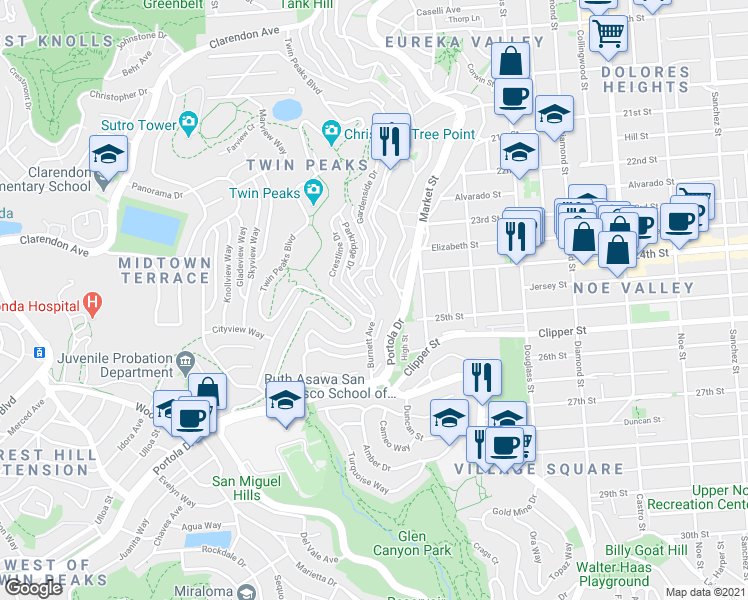 map of restaurants, bars, coffee shops, grocery stores, and more near 12 Perego Terrace in San Francisco
