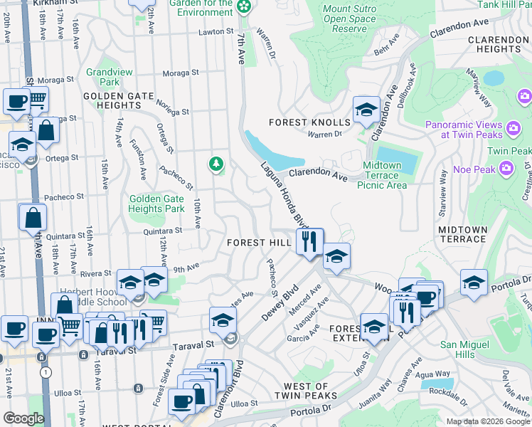 map of restaurants, bars, coffee shops, grocery stores, and more near 60 Alton Avenue in San Francisco
