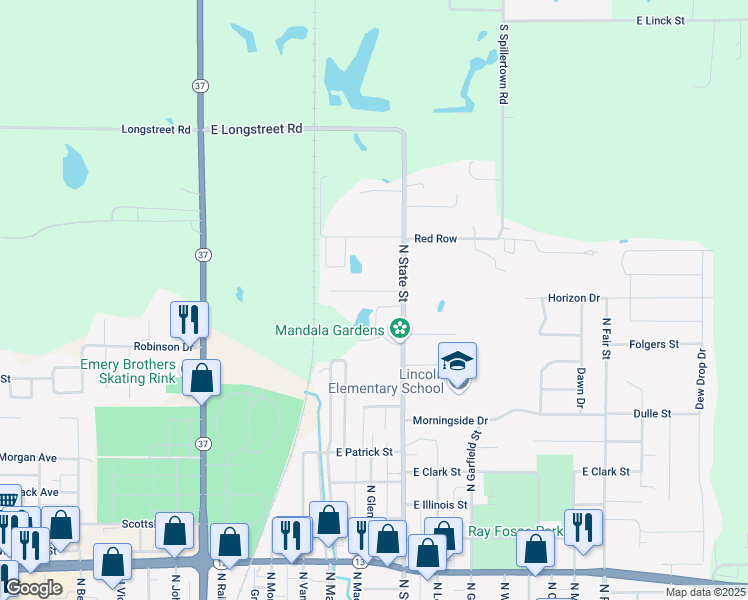 map of restaurants, bars, coffee shops, grocery stores, and more near 210 Wild Rose Lane in Marion