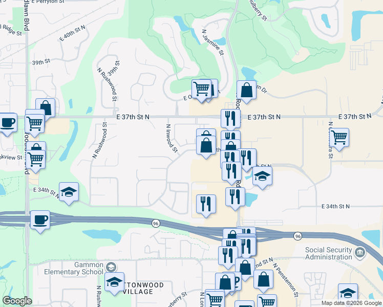 map of restaurants, bars, coffee shops, grocery stores, and more near 7627 East 26th Street North in Wichita