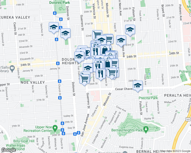 map of restaurants, bars, coffee shops, grocery stores, and more near 3531 25th Street in San Francisco
