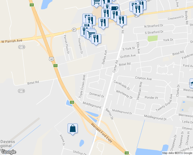 map of restaurants, bars, coffee shops, grocery stores, and more near 2710 Lookout Drive in Owensboro
