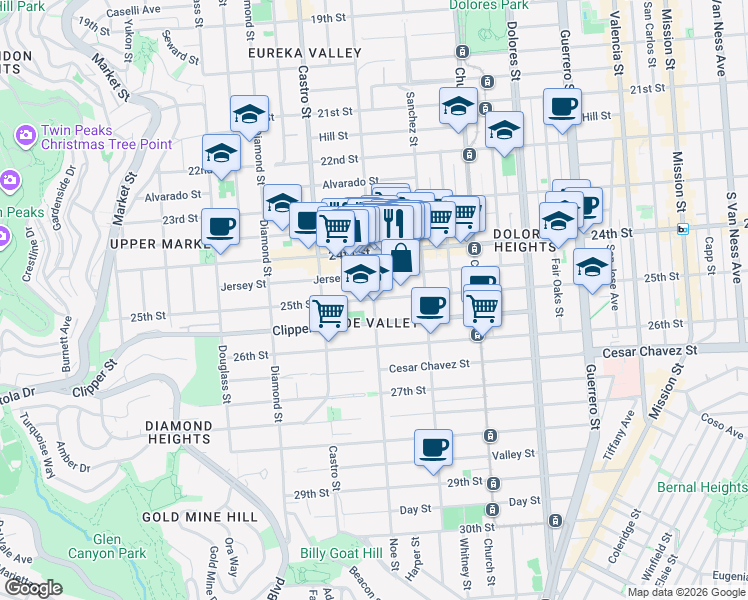 map of restaurants, bars, coffee shops, grocery stores, and more near 25th Street & Noe Street in San Francisco