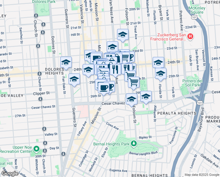 map of restaurants, bars, coffee shops, grocery stores, and more near 1060 Capp Street in San Francisco