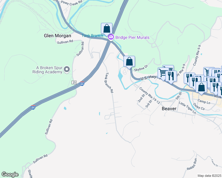 map of restaurants, bars, coffee shops, grocery stores, and more near Tank Branch Road in Beaver