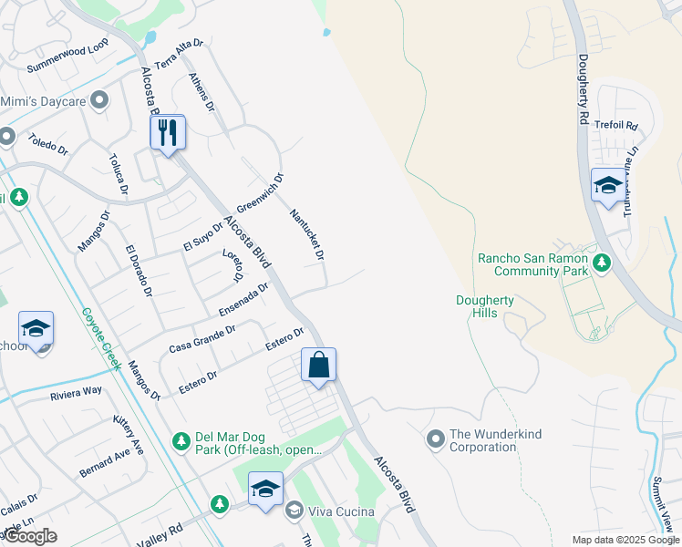 map of restaurants, bars, coffee shops, grocery stores, and more near 4055 Marblehead Drive in San Ramon