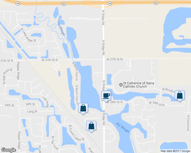 map of restaurants, bars, coffee shops, grocery stores, and more near 3631 N Ridge Rd in Wichita