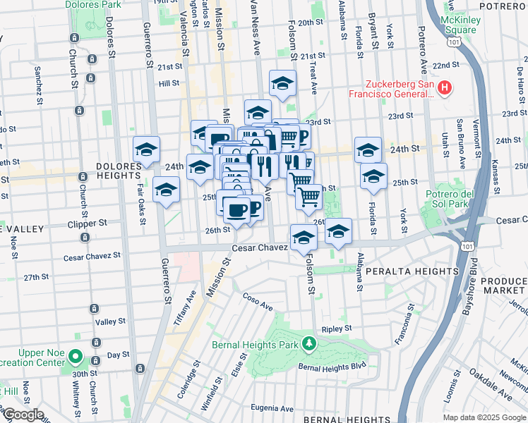 map of restaurants, bars, coffee shops, grocery stores, and more near 1454 South Van Ness Avenue in San Francisco