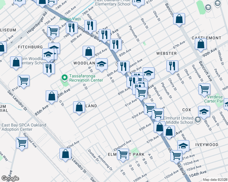 map of restaurants, bars, coffee shops, grocery stores, and more near 1254 87th Avenue in Oakland