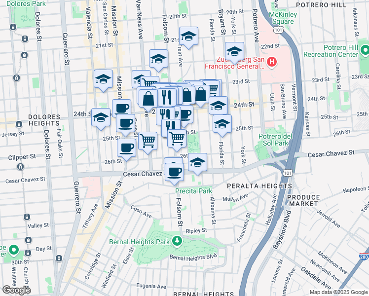 map of restaurants, bars, coffee shops, grocery stores, and more near in San Francisco