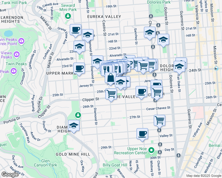 map of restaurants, bars, coffee shops, grocery stores, and more near 1303 Castro Street in San Francisco