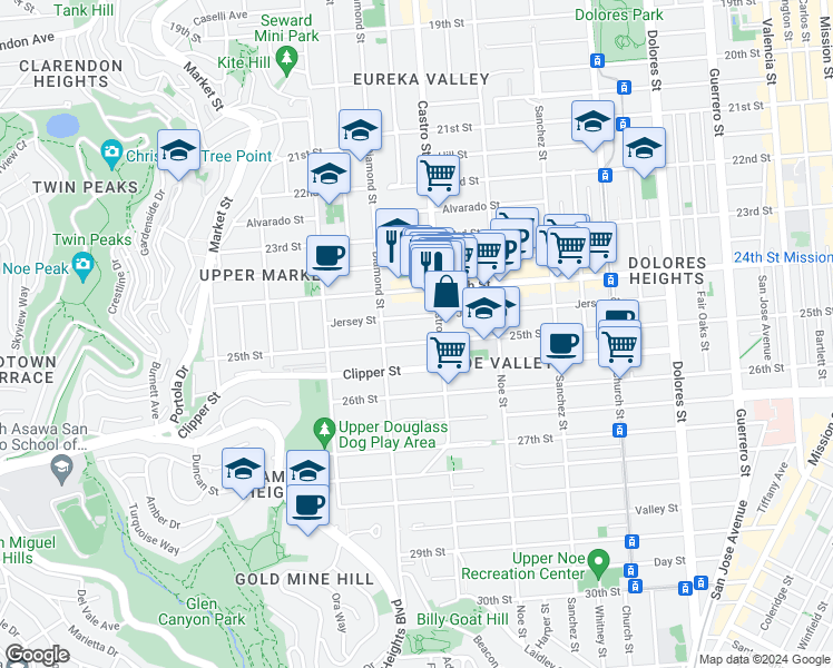 map of restaurants, bars, coffee shops, grocery stores, and more near 406 Jersey Street in San Francisco