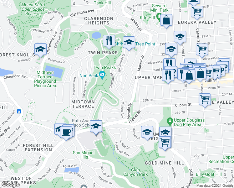 map of restaurants, bars, coffee shops, grocery stores, and more near 12 Perego Terrace in San Francisco