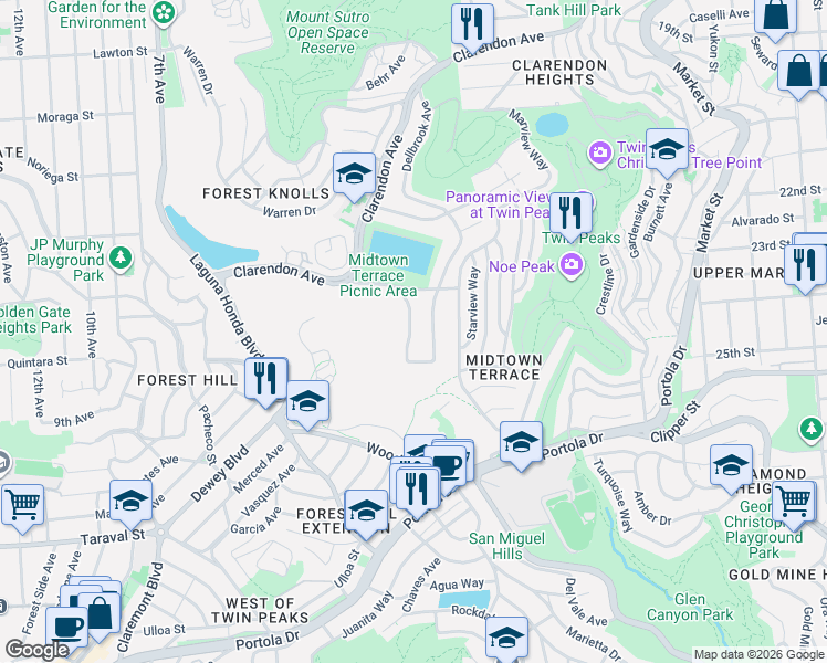 map of restaurants, bars, coffee shops, grocery stores, and more near 21 Dellbrook Avenue in San Francisco