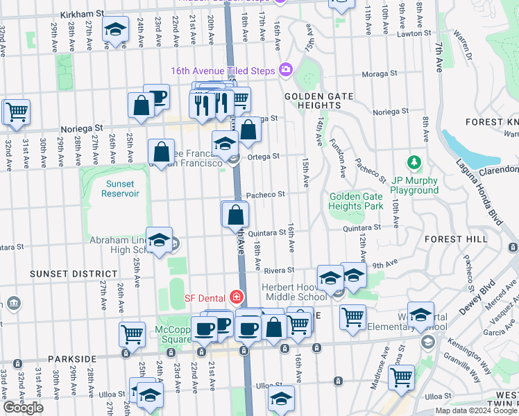 map of restaurants, bars, coffee shops, grocery stores, and more near 2030 18th Avenue in San Francisco