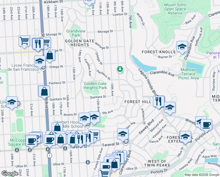 map of restaurants, bars, coffee shops, grocery stores, and more near 2022 10th Avenue in San Francisco
