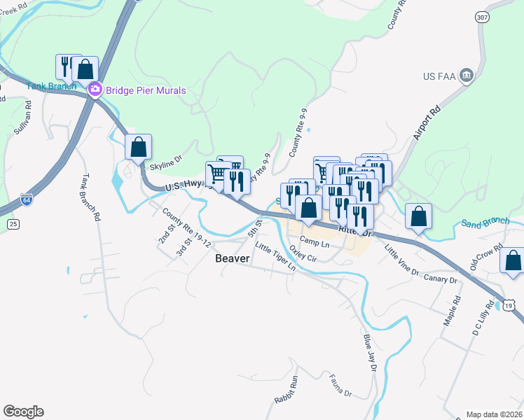 map of restaurants, bars, coffee shops, grocery stores, and more near 677 Ritter Drive in Glen Morgan