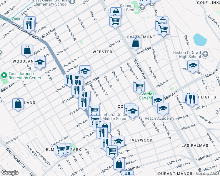 map of restaurants, bars, coffee shops, grocery stores, and more near 9241 Cherry Street in Oakland