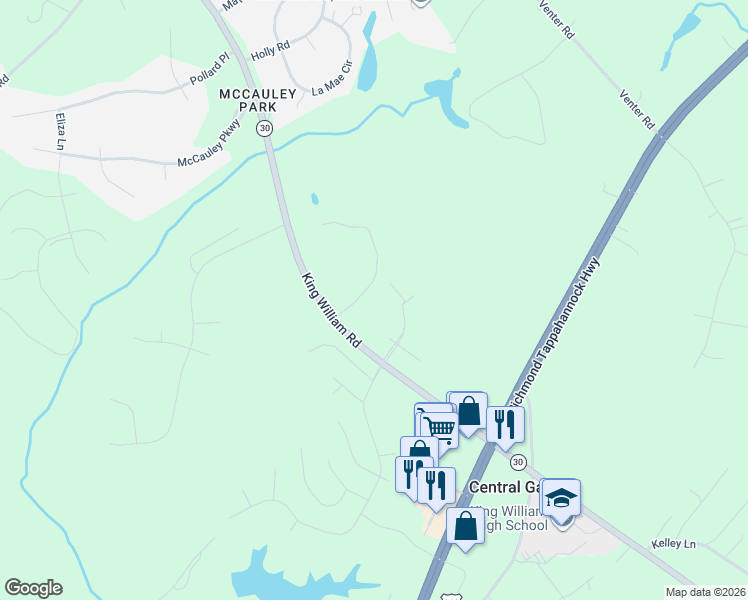 map of restaurants, bars, coffee shops, grocery stores, and more near 129 Pine Crest Lane in Aylett