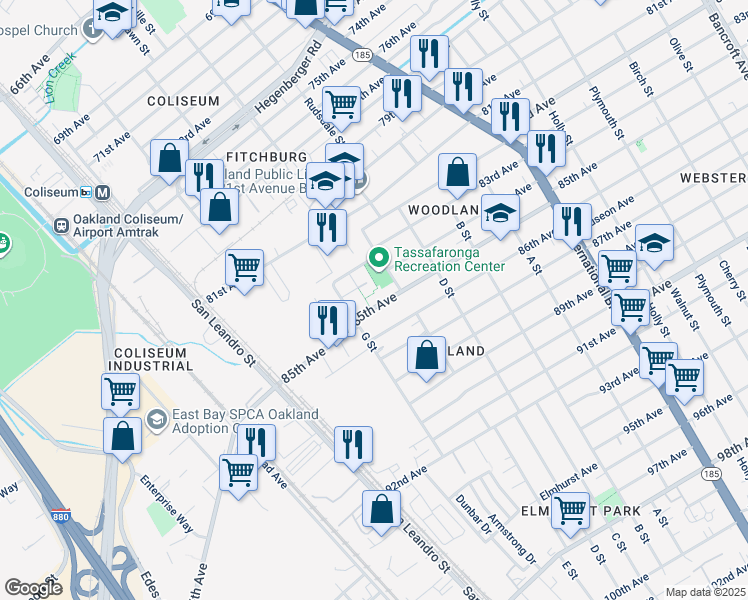 map of restaurants, bars, coffee shops, grocery stores, and more near 933 85th Avenue in Oakland