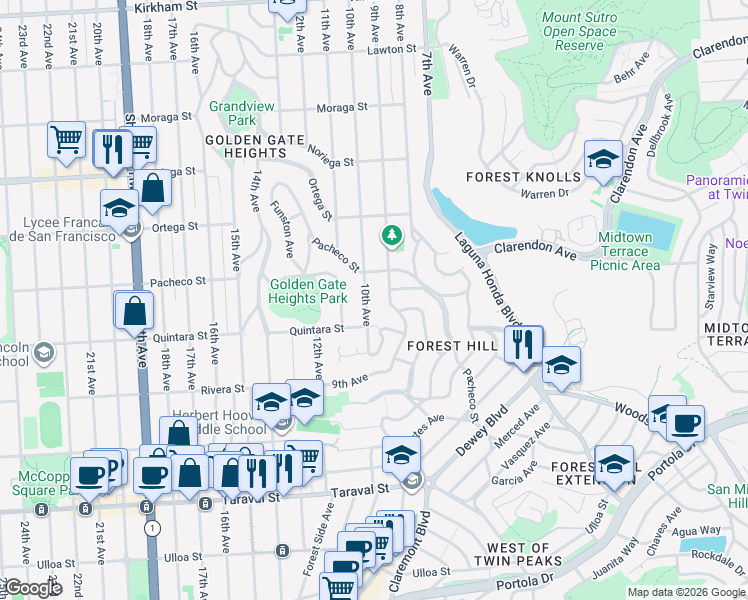 map of restaurants, bars, coffee shops, grocery stores, and more near 2022 10th Avenue in San Francisco