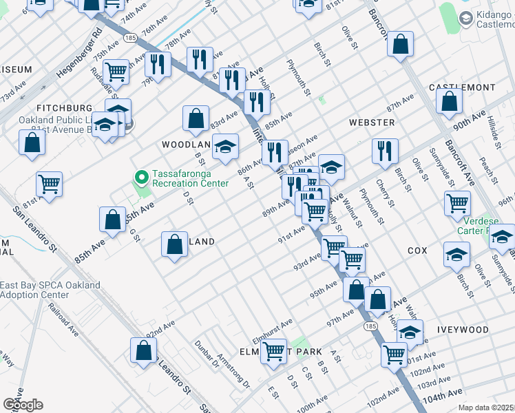 map of restaurants, bars, coffee shops, grocery stores, and more near 1254 87th Avenue in Oakland