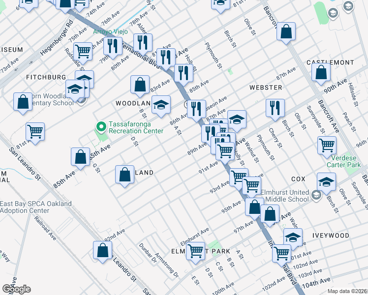 map of restaurants, bars, coffee shops, grocery stores, and more near 8811 A Street in Oakland
