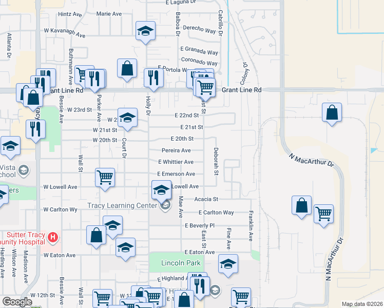 map of restaurants, bars, coffee shops, grocery stores, and more near 227 Pereira Avenue in Tracy