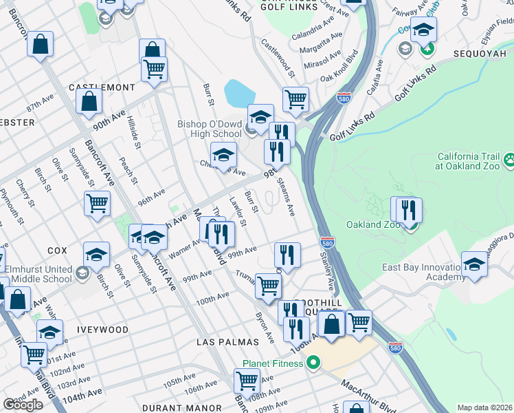 map of restaurants, bars, coffee shops, grocery stores, and more near 9815 Burr Street in Oakland