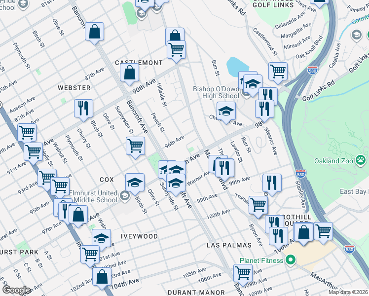 map of restaurants, bars, coffee shops, grocery stores, and more near 9639 Elmview Drive in Oakland