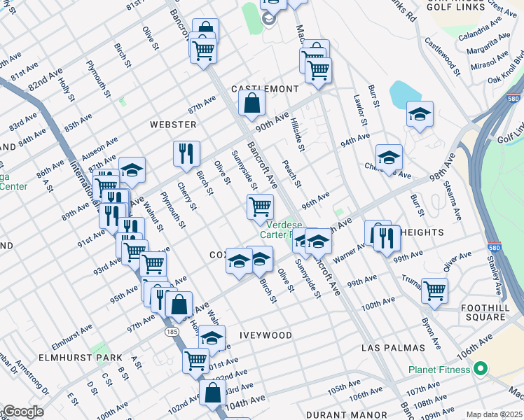 map of restaurants, bars, coffee shops, grocery stores, and more near 9424 Sunnyside Street in Oakland