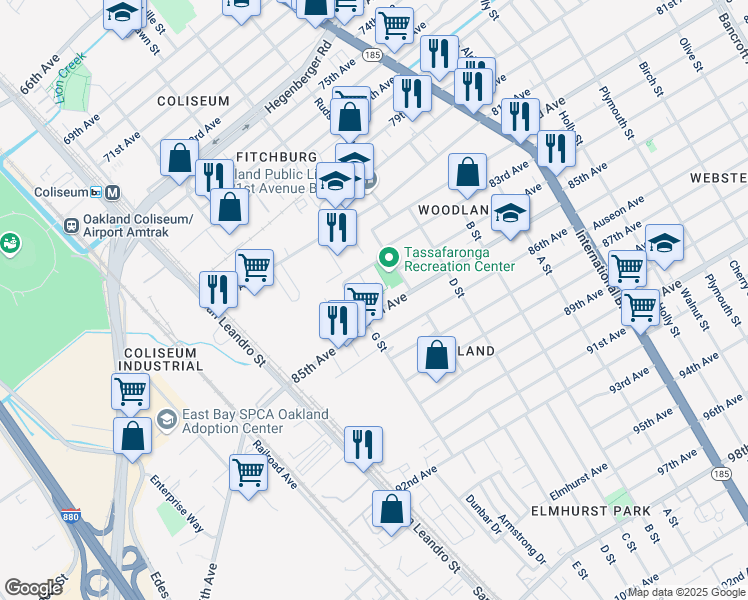 map of restaurants, bars, coffee shops, grocery stores, and more near 935 84th Avenue in Oakland