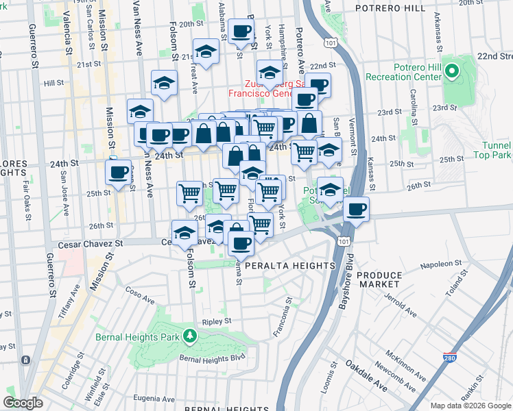map of restaurants, bars, coffee shops, grocery stores, and more near 2918 26th Street in San Francisco