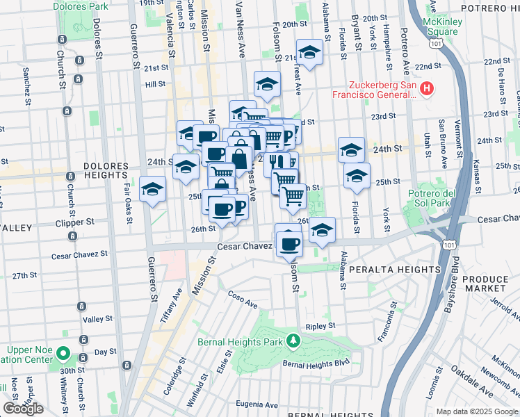 map of restaurants, bars, coffee shops, grocery stores, and more near 1118 Shotwell Street in San Francisco