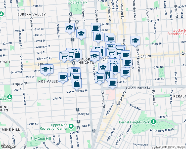 map of restaurants, bars, coffee shops, grocery stores, and more near 392 Fair Oaks Street in San Francisco