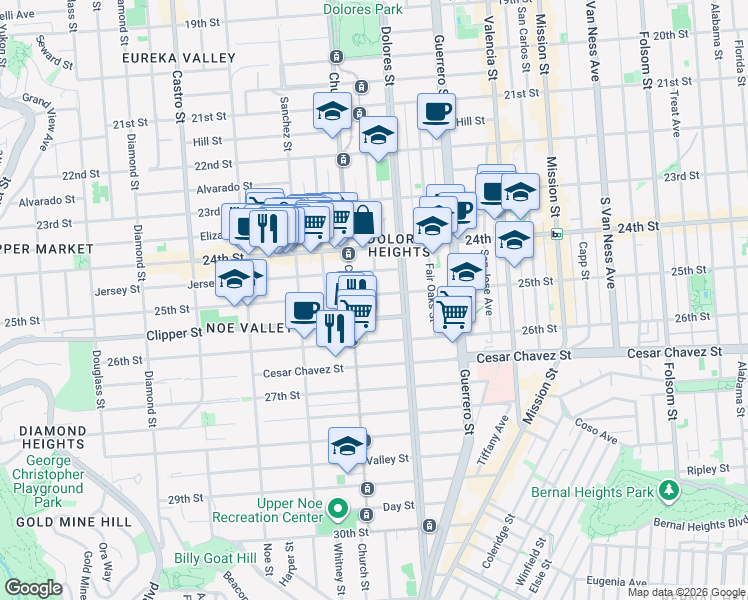 map of restaurants, bars, coffee shops, grocery stores, and more near 1275 Church Street in San Francisco