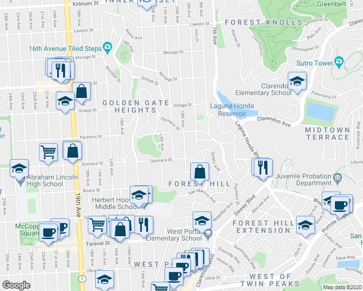 map of restaurants, bars, coffee shops, grocery stores, and more near 2022 10th Avenue in San Francisco