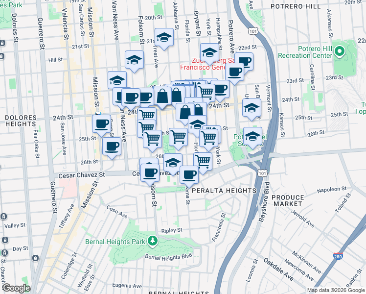 map of restaurants, bars, coffee shops, grocery stores, and more near 1331 Alabama Street in San Francisco